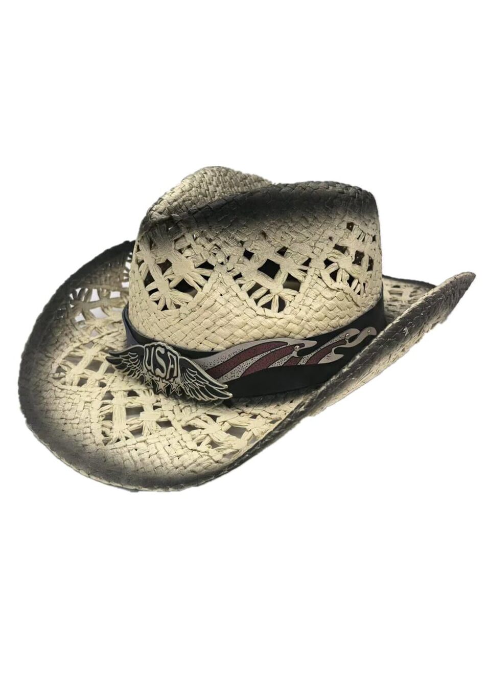 7782 Western Woven Straw Hat Cowboy Cowgirl Printed Hat Round Up Sun Hat